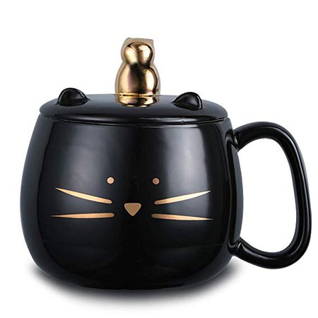 Koolkatkoo Cute Cat Coffee Mug with Cell Phone Holder Lid for Cat Lover Unique Ceramic Tea Mugs with Gold Cat Porcelain Cup Gift for Women 16oz Black: Amazon.ca: Home & Kitchen
