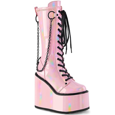 DEMONIA "Swing-150" Ankle Boots - Baby Pink Holographic Stretch Patent – Demonia Cult
