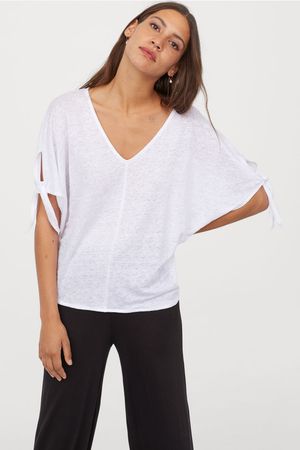 Tie-sleeve Linen Top - White - Ladies | H&M US