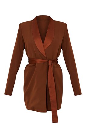 Chocolate Satin Lepel Tie Waist Blazer Dress - Dresses - Womens Clothing | PrettyLittleThing USA