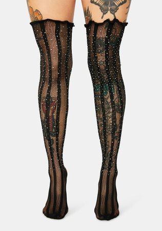 *clipped by @luci-her* Glitter Striped Sheer Thigh High Socks - Black | Dolls Kill