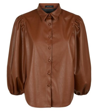 Tan Coated Leather-Look Puff Sleeve Shirt | New Look