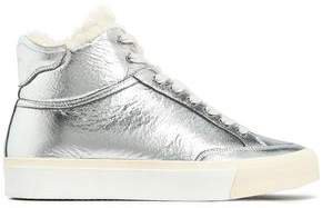 Shearling-trimmed Crinkled Metallic Leather Sneakers