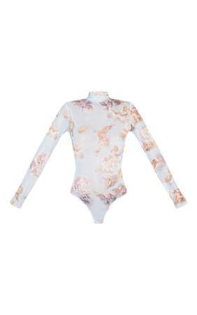 Baby Pink Renaissance Printed Mesh Bodysuit | PrettyLittleThing