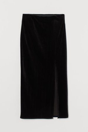 Slit-front Velour Skirt - Black