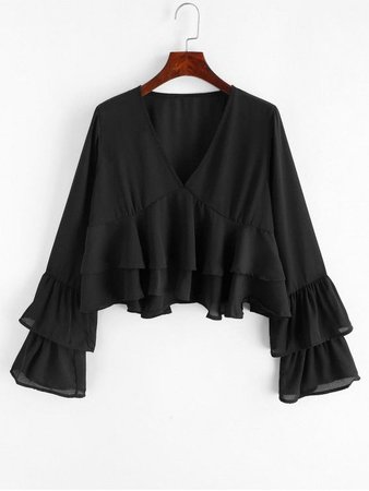[32% OFF] [POPULAR] 2020 Layered Sleeves V Neck Crop Blouse In BLACK | ZAFUL