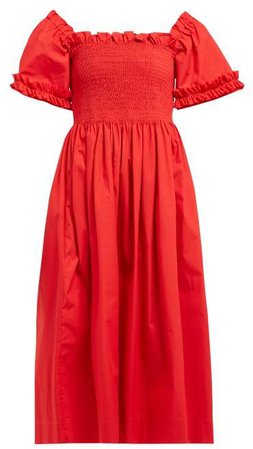 Adelaide Shirred Cotton Midi Dress - Womens - Red