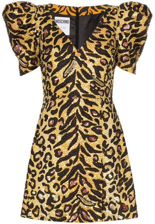 leopard print poof sleeve sequin mini dress