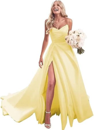 Bride Dresses Satin Wedding Dresses for Bride 2023 Strapless Prom Dress Plus Size Formal Gown for Wedding Yellow Size 12 at Amazon Women’s Clothing store