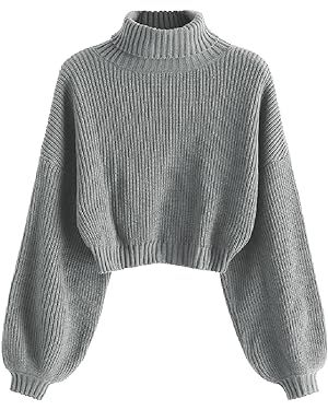 ZAFUL Women's Cropped Turtleneck Sweater Lantern Sleeve Ribbed Knit Pullover Sweater Jumper (2-Gray, XL) at Amazon Women’s Clothing store