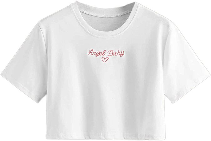 SweatyRocks Women's Letter Print Crop Top T Shirts Casual Short Sleeve Cropped Tee White-8 L at Amazon Women’s Clothing store
