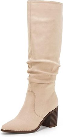 Amazon.com | Huiyuzhi Womens Pointed Toe Knee High Boots Mid Chunky Heel Faux Suede Side Zipper Riding Booties | Shoes