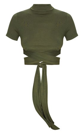 Khaki High Neck Tie Crop T Shirt | Tops | PrettyLittleThing USA