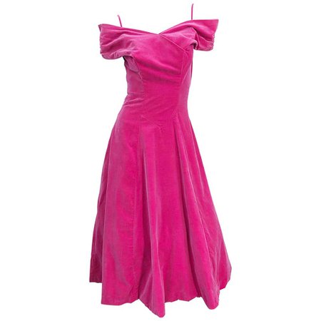 1950s Elsa Schiaparelli Shocking Pink Velvet Off the Shoulder Vintage 50s Dress For Sale at 1stdibs