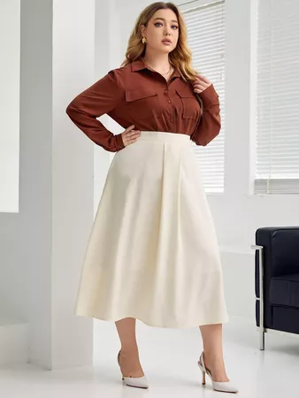 SHEIN Plus Flap Pocket Blouse & Plicated Front Skirt | SHEIN USA