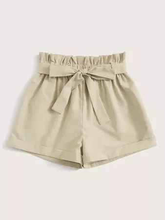 Solid Paper Bag Waist Belted Shorts | SHEIN USA tan