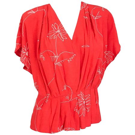 1980s Red Silk Red Daisy Blouse For Sale at 1stDibs