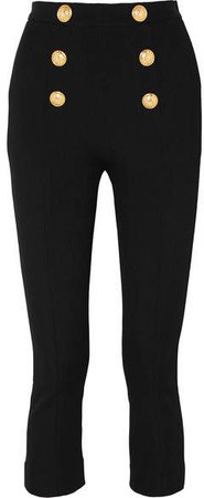 Cropped Button-embellished Textured-knit Bootcut Pants - Black