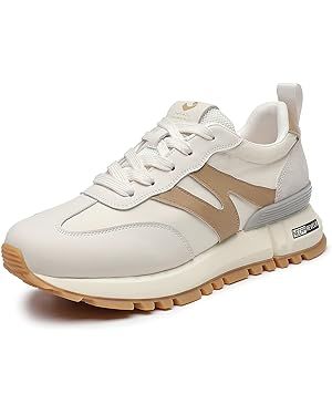 Amazon.com | somiliss Sneakers for Women Genuine Leather Suede Patchwork Casual Lace Up Non-Slip Walking Shoes Comfortable Tennis Running Shoes Womens Fashion Sneakers Beige | Shoes