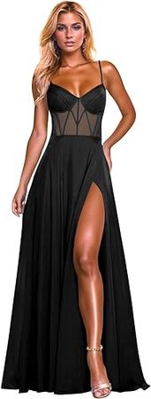 Amazon.com: POMUYOO Women’s Spaghetti Straps Bridesmaid Dresses with Pockets Long Illusion Prom Formal Gown with Slit YG302 : Clothing, Shoes & Jewelry