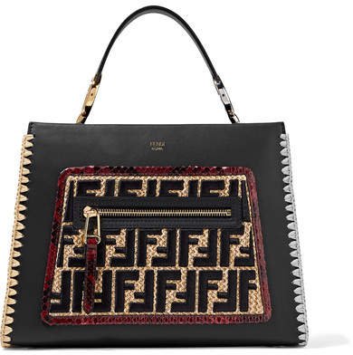 Runaway Small Python And Embroidered Raffia-trimmed Leather Tote - Black