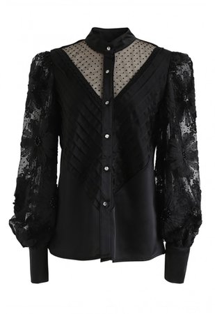 Mesh Inserted Floral Bubble Sleeves Buttoned Top in Black - NEW ARRIVALS - Retro, Indie and Unique Fashion black