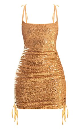 Gold Sequin Tie Strap Detail Ruched Bodycon Dress - Short Dresses - Dresses - Women's Clothing | PrettyLittleThing USA
