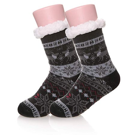 Amazon.com: Boys Girls Fuzzy Slipper Socks Soft Warm Thick Heavy Fleece Lined Christmas Stockings Child Kids Toddler Winter Socks (Black Deer, 8-12 Years): Clothing