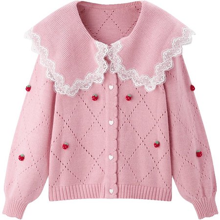 pink knit cardigan with strawberries