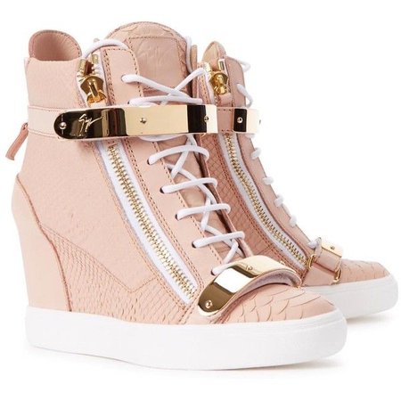 pink high top sneakers with gold