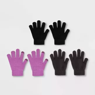 Girls' 3pk Solid Gloves - Cat & Jack™ Black/Purple/Gray : Target