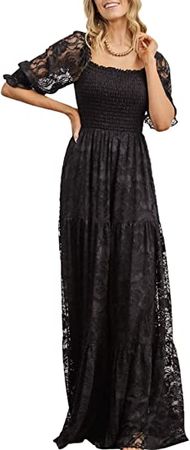 BLENCOT Womens Casual Floral Lace Square Neck Short Sleeve Long Evening Dress Cocktail Party Maxi Wedding Dresses