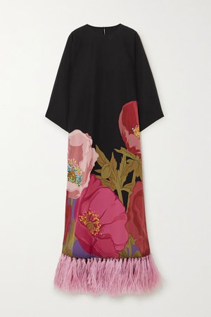 Black Feather-trimmed floral-print silk crepe de chine maxi dress | Valentino | NET-A-PORTER