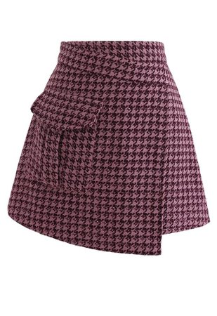 Houndstooth Tweed Asymmetric Mini Skirt in Hot Pink - Retro, Indie and Unique Fashion