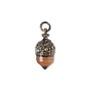 Drop, antique gold-finish "pewter" (zinc-based alloy) and glass, brown, 17x10mm acorn. Sold individually. - Fire Mountain Gems and Beads