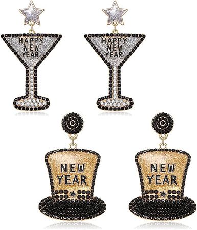 Amazon.com: New Year Earrings Set 2023 NYE Earrings for Women Beaded Top Hat Cocktail Glass Dangle Earrings Statement Crystal Earrings Holiday Party Jewelry Gifts (Style A): Clothing, Shoes & Jewelry