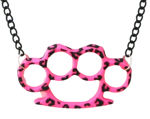 pink cheetah print brass knuckles necklace