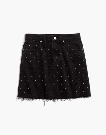 Rigid Denim A-Line Mini Skirt: Metallic Dots Edition