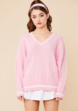 Stripe Accent Chunky Knit V-Neck Sweater - Pink | Dolls Kill