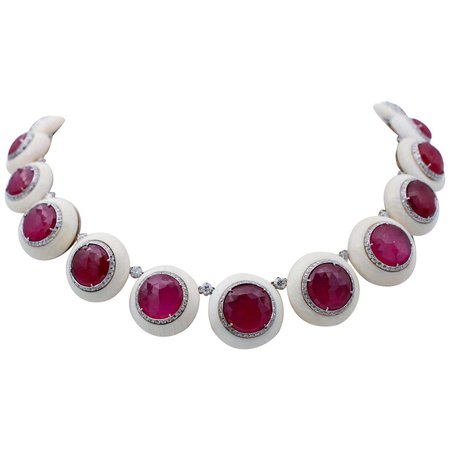 Rubies, Diamonds, Stones, 14 Karat White Gold Link Necklace For Sale at 1stDibs