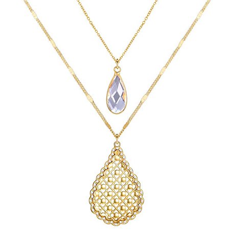 Double Layer Pendant Long Necklace, Gold Snake Chain CZ Teardrop and Filigree Pendant: Clothing