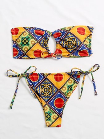 Geo Print Bandeau Self-Tie Bikini Swimsuit | SHEIN USA