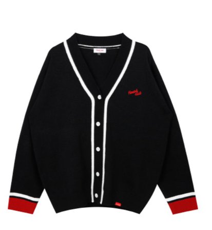 HEART CLUB Embroidered Logo Contrast Stripe Knit Cardigan