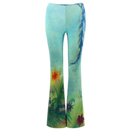 MOSCHINO Blue Green Tropical Floral Leaf Graphic Print Flared Bell Bottom Pants For Sale at 1stDibs
