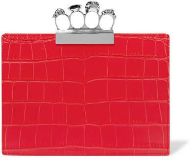 Knuckle Embellished Croc-effect Leather Clutch - Red