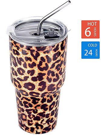 Amazon.com: DYNAMIC SE 30oz Tumbler Double Wall Stainless Steel Vacuum Insulated Travel Mug with Splash-Proof Lid Metal Straw and Brush (Leopard): Kitchen & Dining