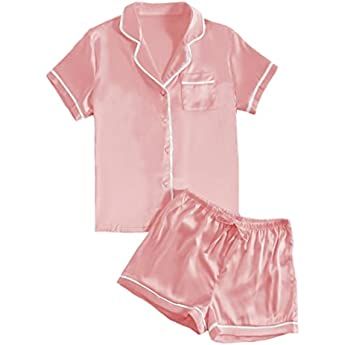 LYANER Women's Satin Pajamas Set Short Sleeve Button Shirts Silky Sleepwear with Shorts Set PJ Champagne Pink X-Large at Amazon Women’s Clothing store