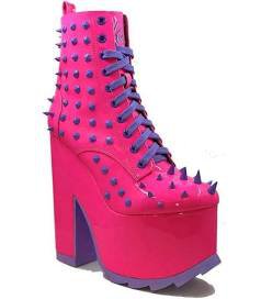 Spiked neon platform heeled boots
