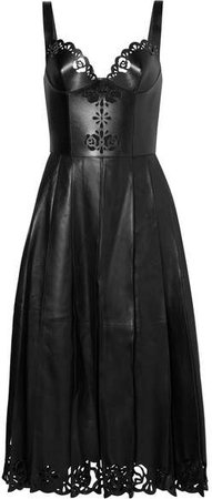 Pleated Laser-cut Leather Midi Dress - Black
