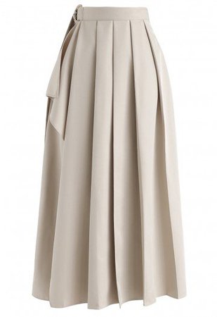 Belted Pleated Wrap Skirt in Sand - Retro, Indie and Unique Fashion